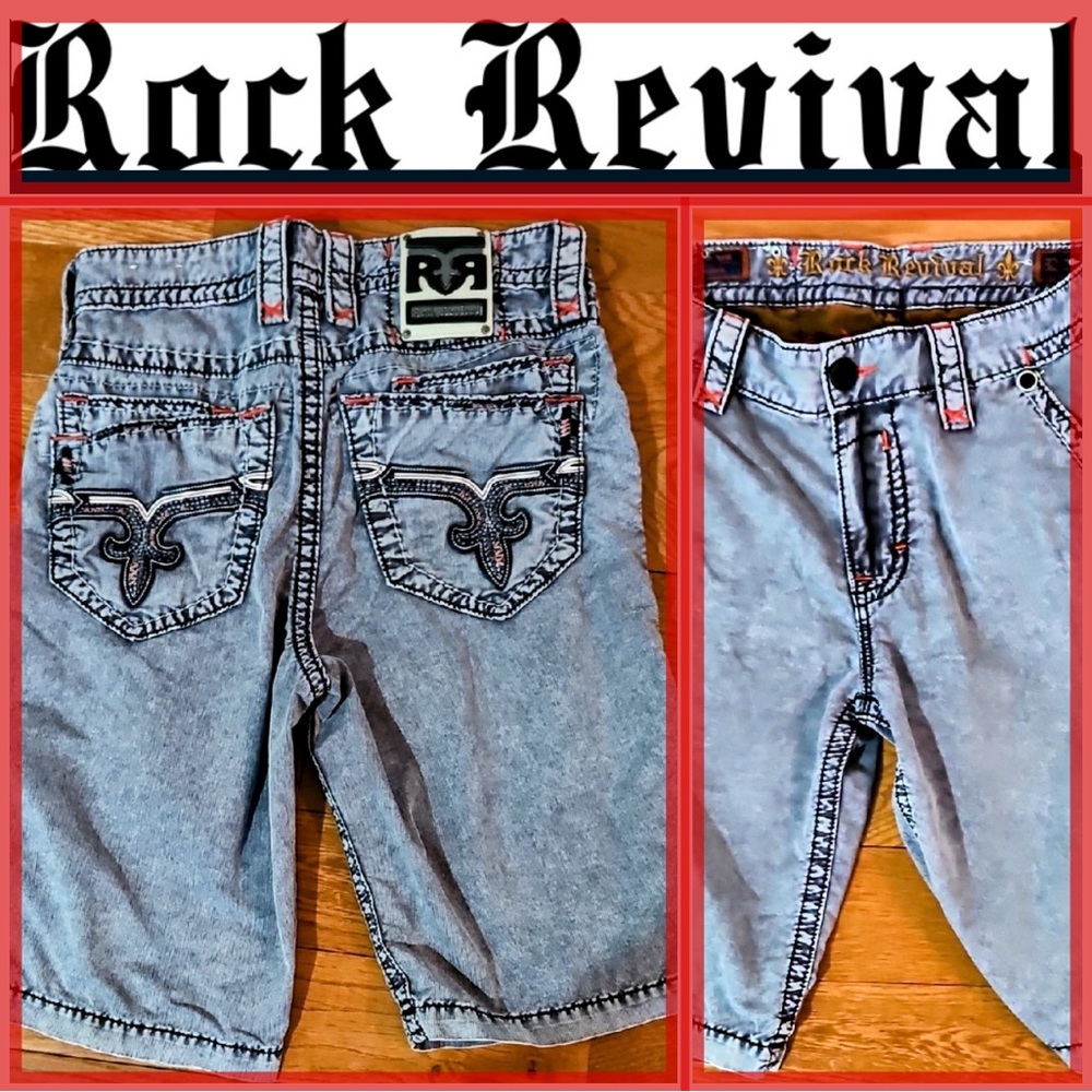 Rock Revival Grey and smoke colored Denim Shorts with Red Stitching
